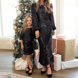 Women Baby Girls Sequins Slim Dress Fashion O-neck Long Sleeve Parent-child Outfit Mother Daughter Party Dress ibu anak bokep