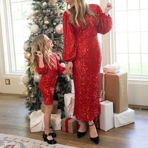 Women Baby Girls Sequins Slim Dress Fashion O-neck Long Sleeve Parent-child Outfit Mother Daughter Party Dress ibu anak bokep