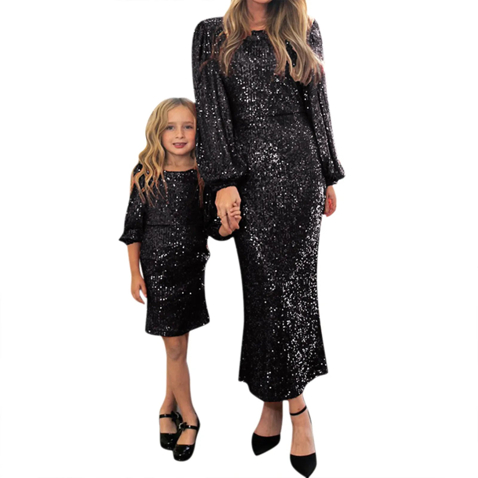 Women Baby Girls Sequins Slim Dress Fashion O-neck Long Sleeve Parent-child Outfit Mother Daughter Party Dress ibu anak bokep