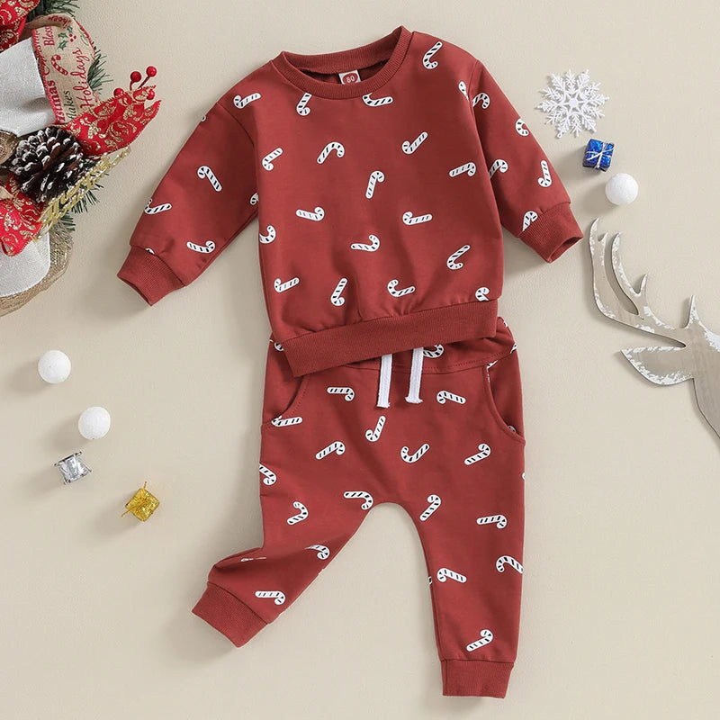 Lioraitiin 0-3Y Christmas Baby Boys Girls Clothes Set Candy Cane Print Sweatshirt+Pants 2pcs Suit Kids Casual Outfits