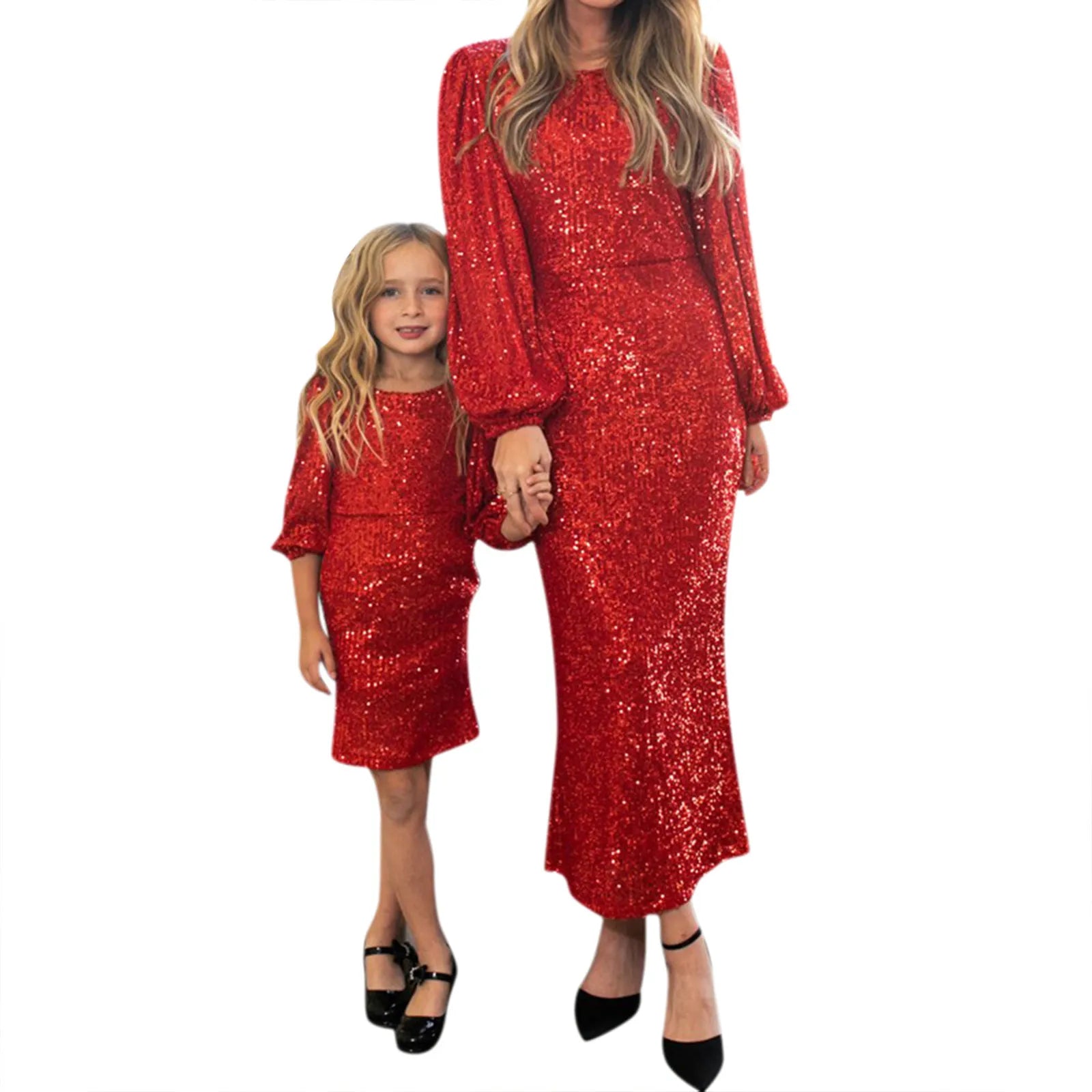 Women Baby Girls Sequins Slim Dress Fashion O-neck Long Sleeve Parent-child Outfit Mother Daughter Party Dress ibu anak bokep