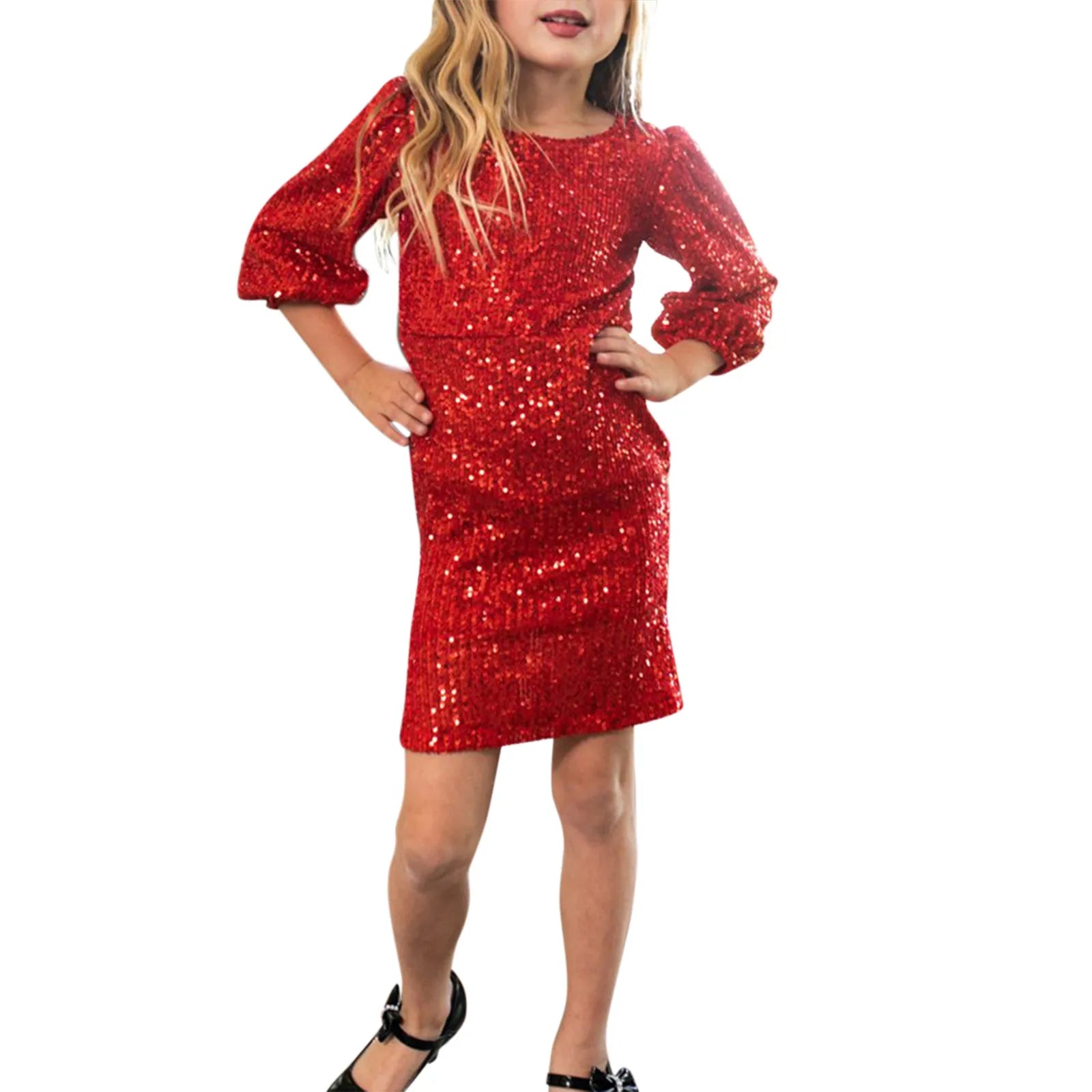 Women Baby Girls Sequins Slim Dress Fashion O-neck Long Sleeve Parent-child Outfit Mother Daughter Party Dress ibu anak bokep