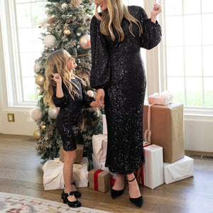 Women Baby Girls Sequins Slim Dress Fashion O-neck Long Sleeve Parent-child Outfit Mother Daughter Party Dress ibu anak bokep