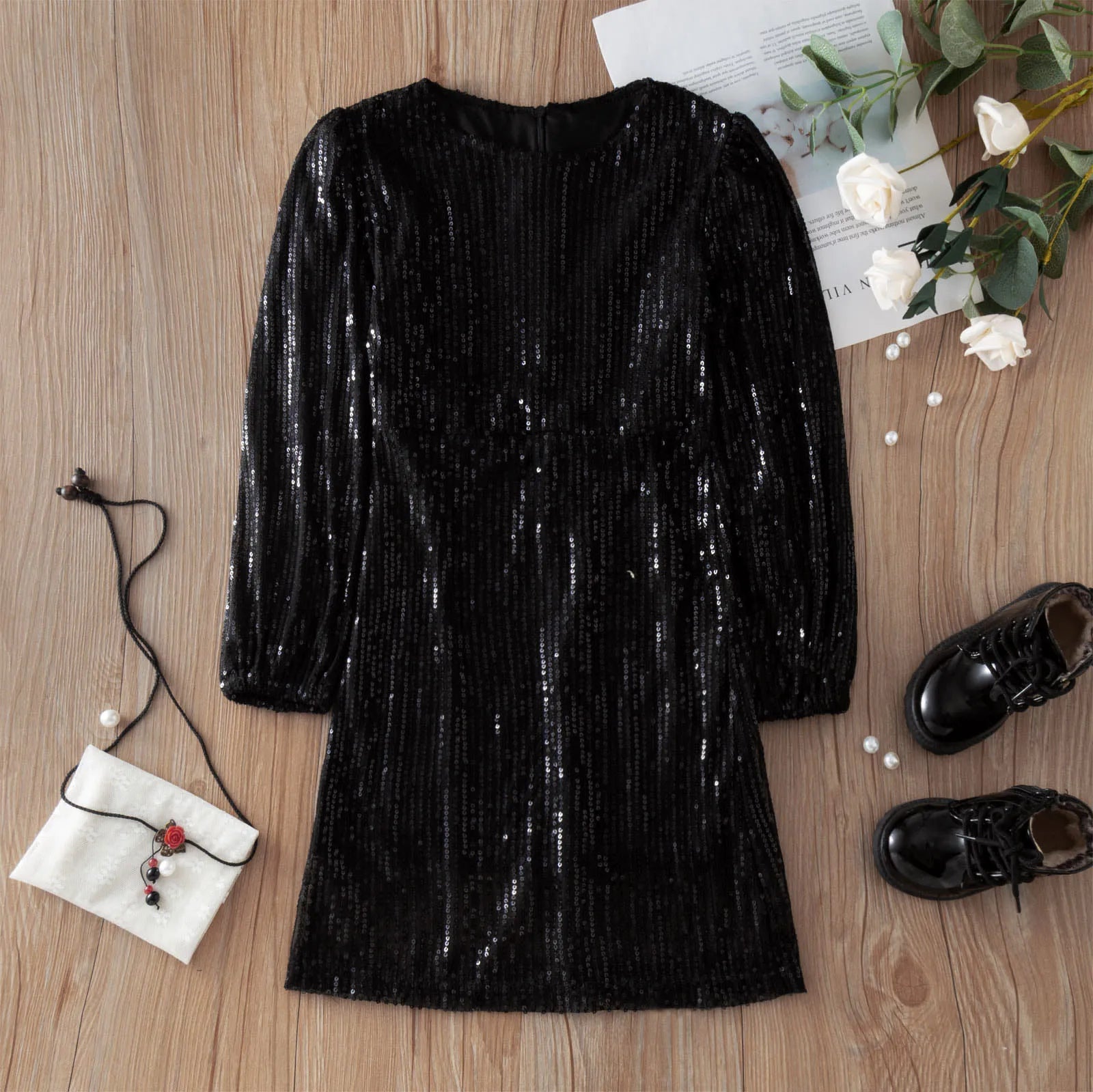 Women Baby Girls Sequins Slim Dress Fashion O-neck Long Sleeve Parent-child Outfit Mother Daughter Party Dress ibu anak bokep