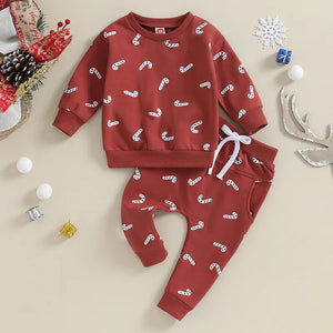 Lioraitiin 0-3Y Christmas Baby Boys Girls Clothes Set Candy Cane Print Sweatshirt+Pants 2pcs Suit Kids Casual Outfits